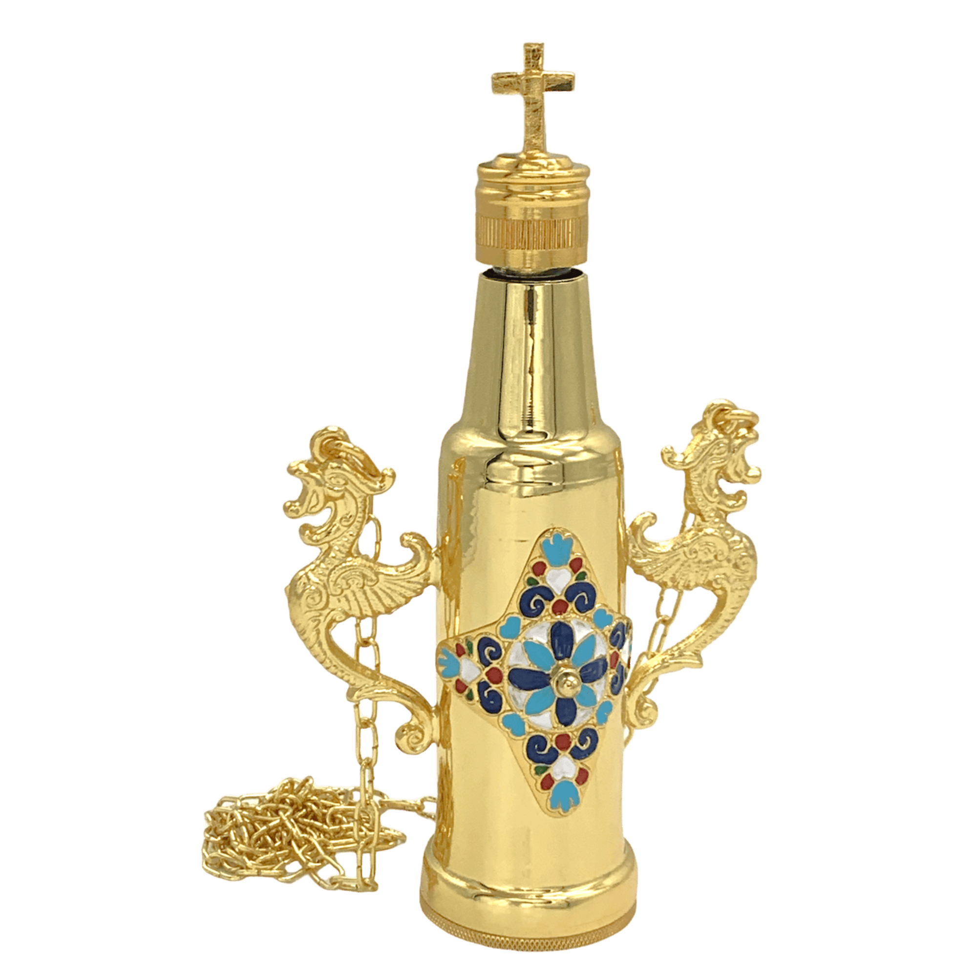 Gold church bell with ornate decorations and a cross on top, used in religious ceremonies and church services.