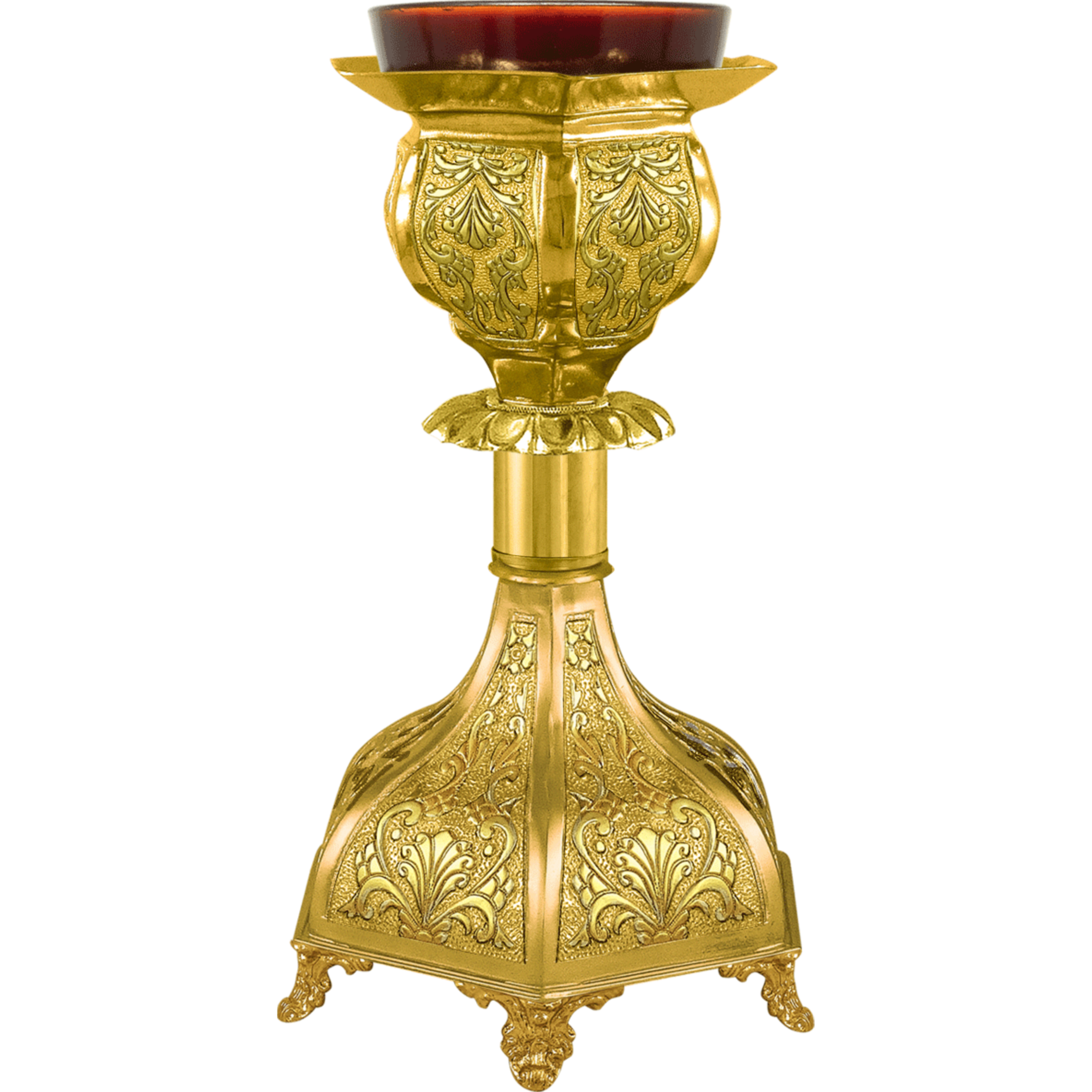 Χρυσή εκκλησιαστική κανδήλα με λεπτομερείς διακοσμήσεις, ιδανική για λειτουργίες και εορτές.