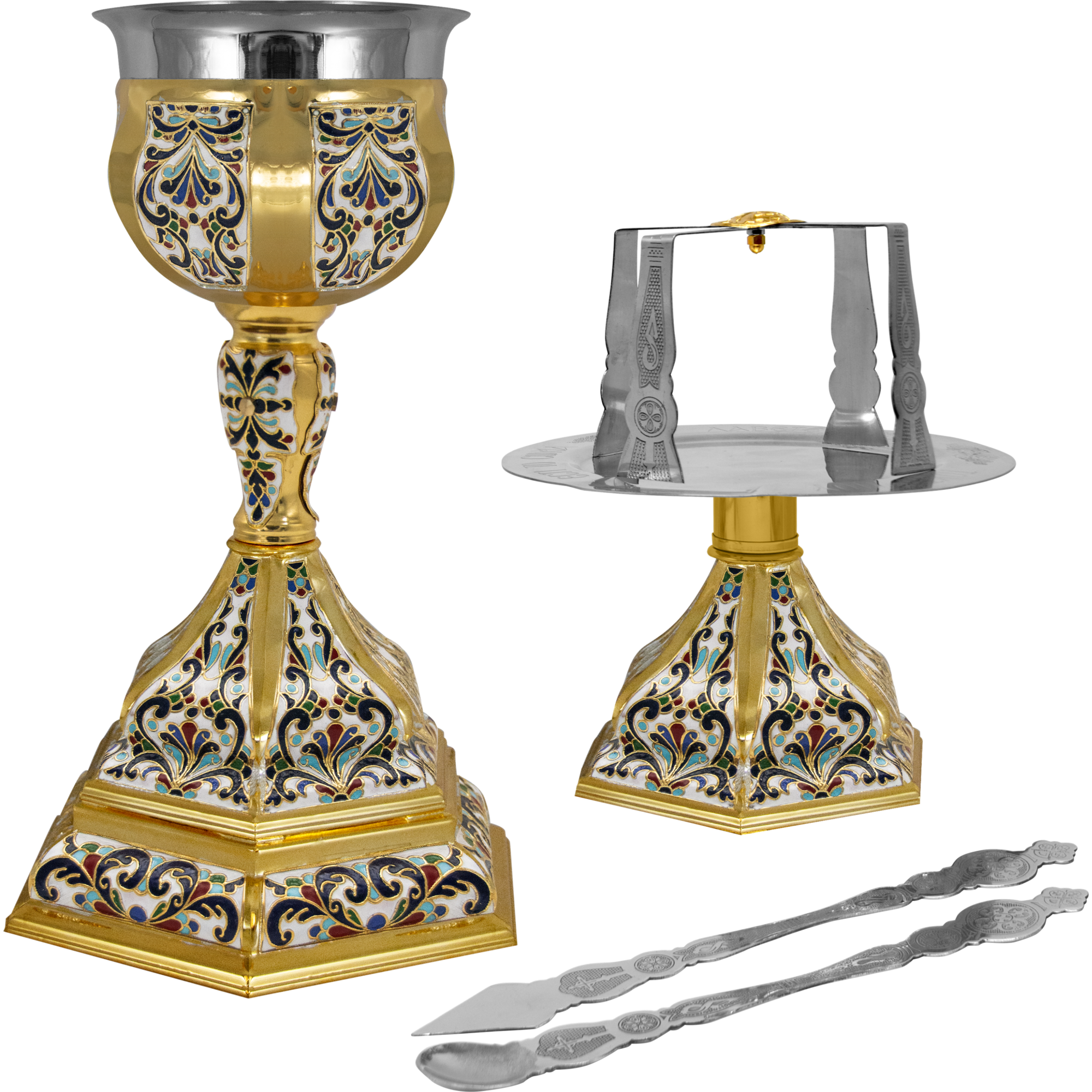 Εκκλησιαστικά άγια λαμπάδα και δίσκος με κεραμικό σταυρό, ιδανικά για θρησκευτικές τελετές και δώρα στην εκκλησία.