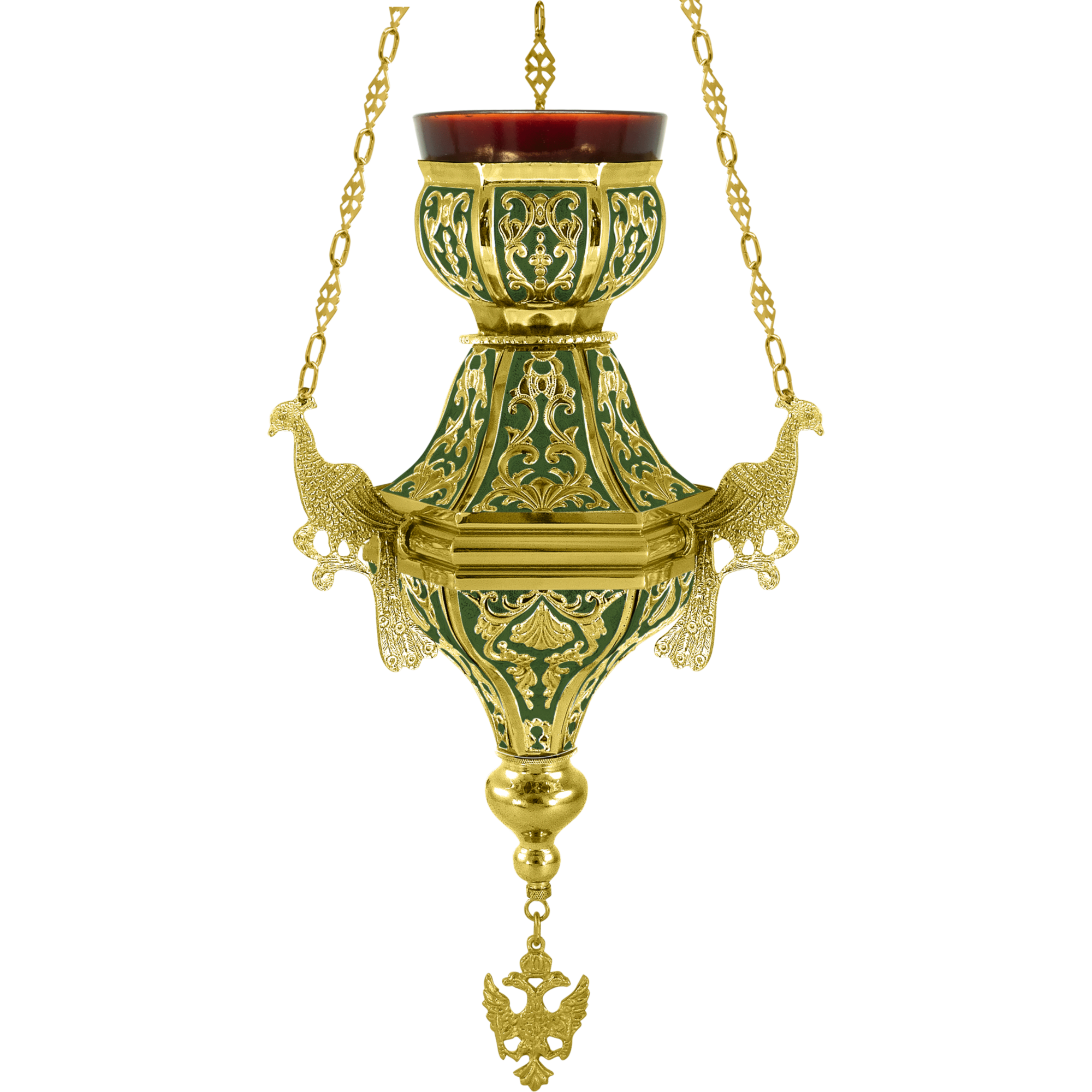 Χρυσό και πράσινο εκκλησιαστικό άγιο δοχείο με διακοσμητικά στοιχεία και λαβές, ιδανικό για λειτουργίες και θρησκευτικές τελετές.