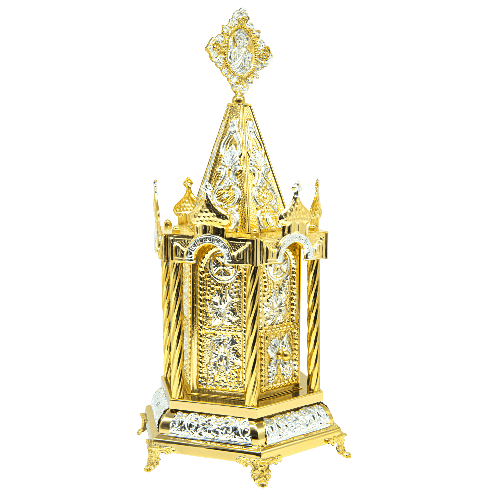 Gold and silver religious relic container for church ceremonies.