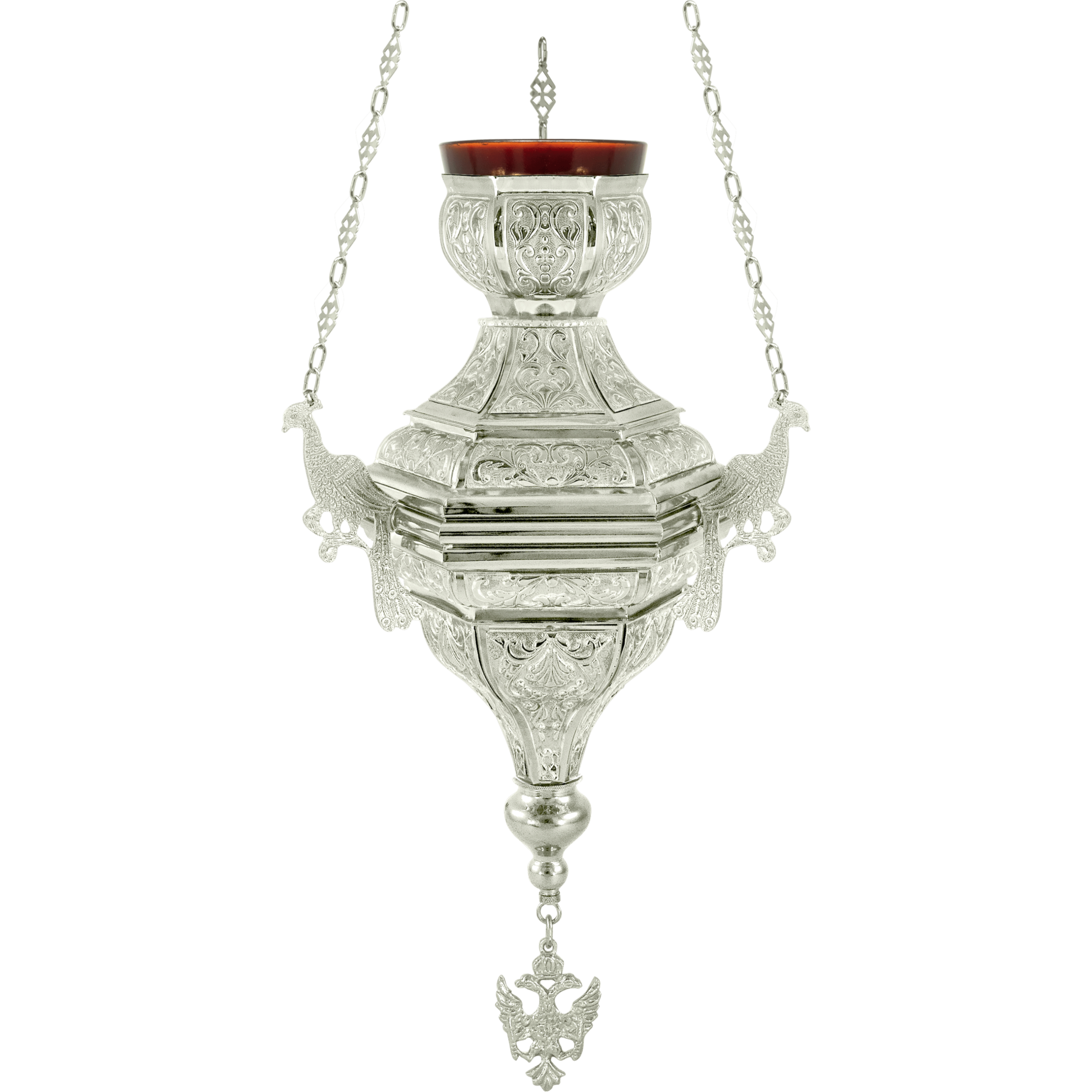 Elegant silver and glass hanging lamp for church decoration, featuring intricate craftsmanship and traditional design, ideal for liturgical settings.
