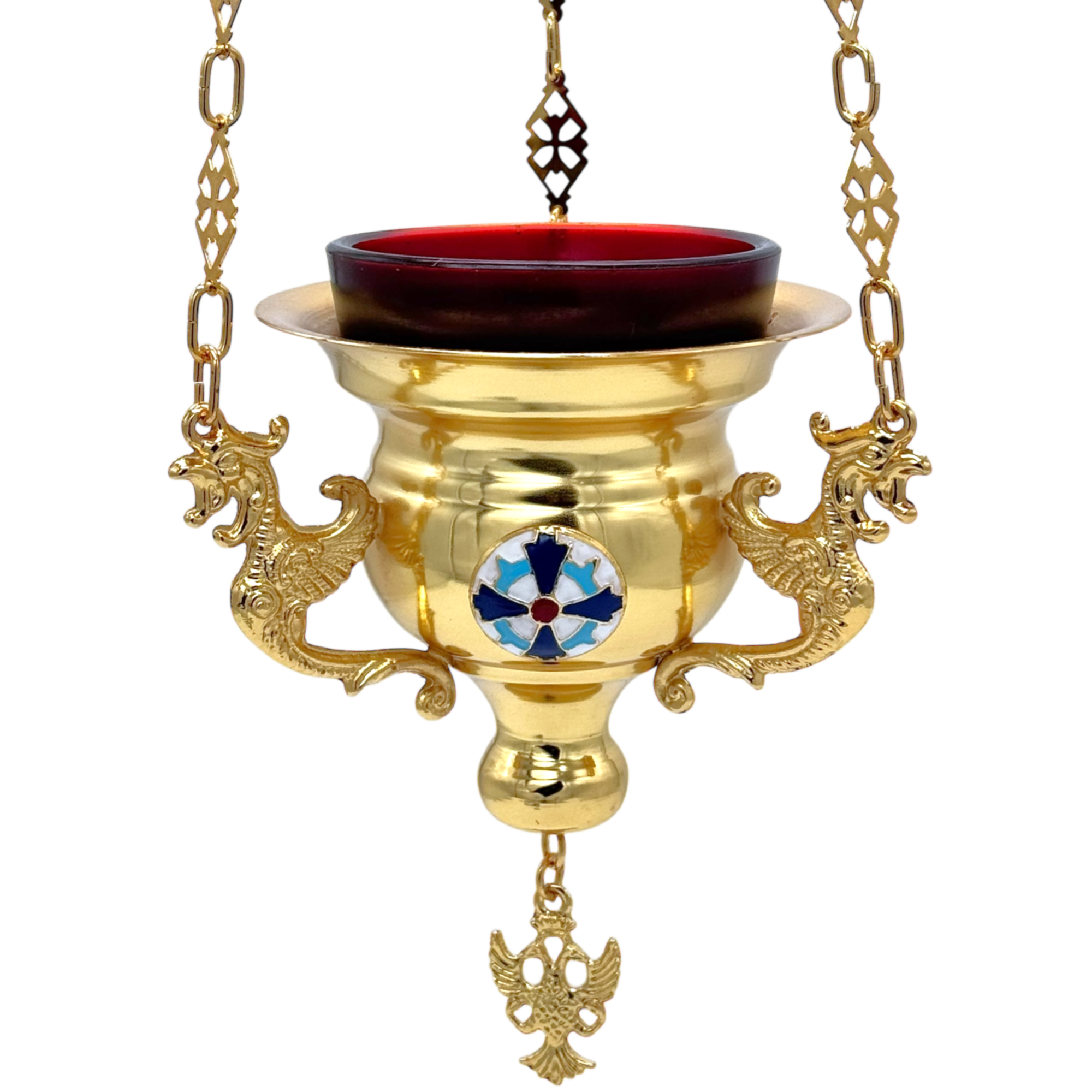 Gold and silver hanging censer with intricate dragon-shaped handles, used in Orthodox church services for burning incense.