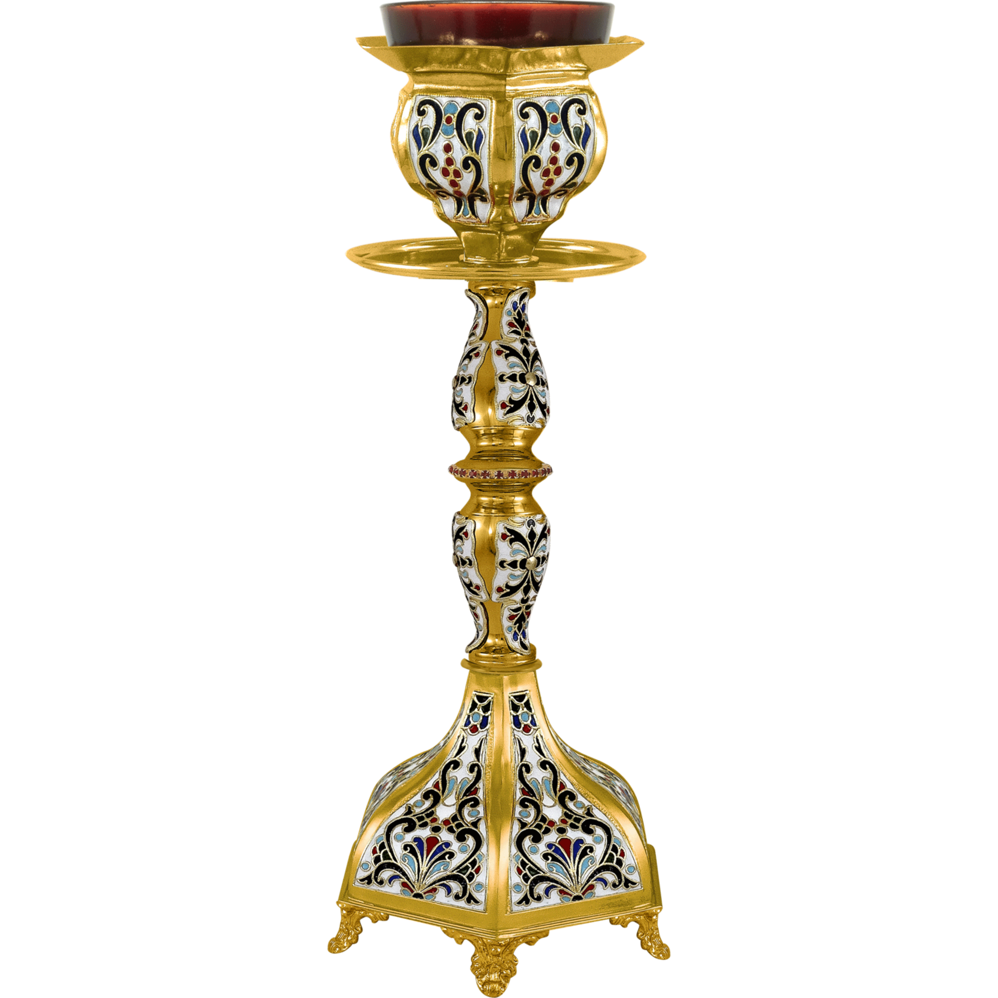 Ornate church candle holder with intricate floral patterns and gold accents, used in religious ceremonies.