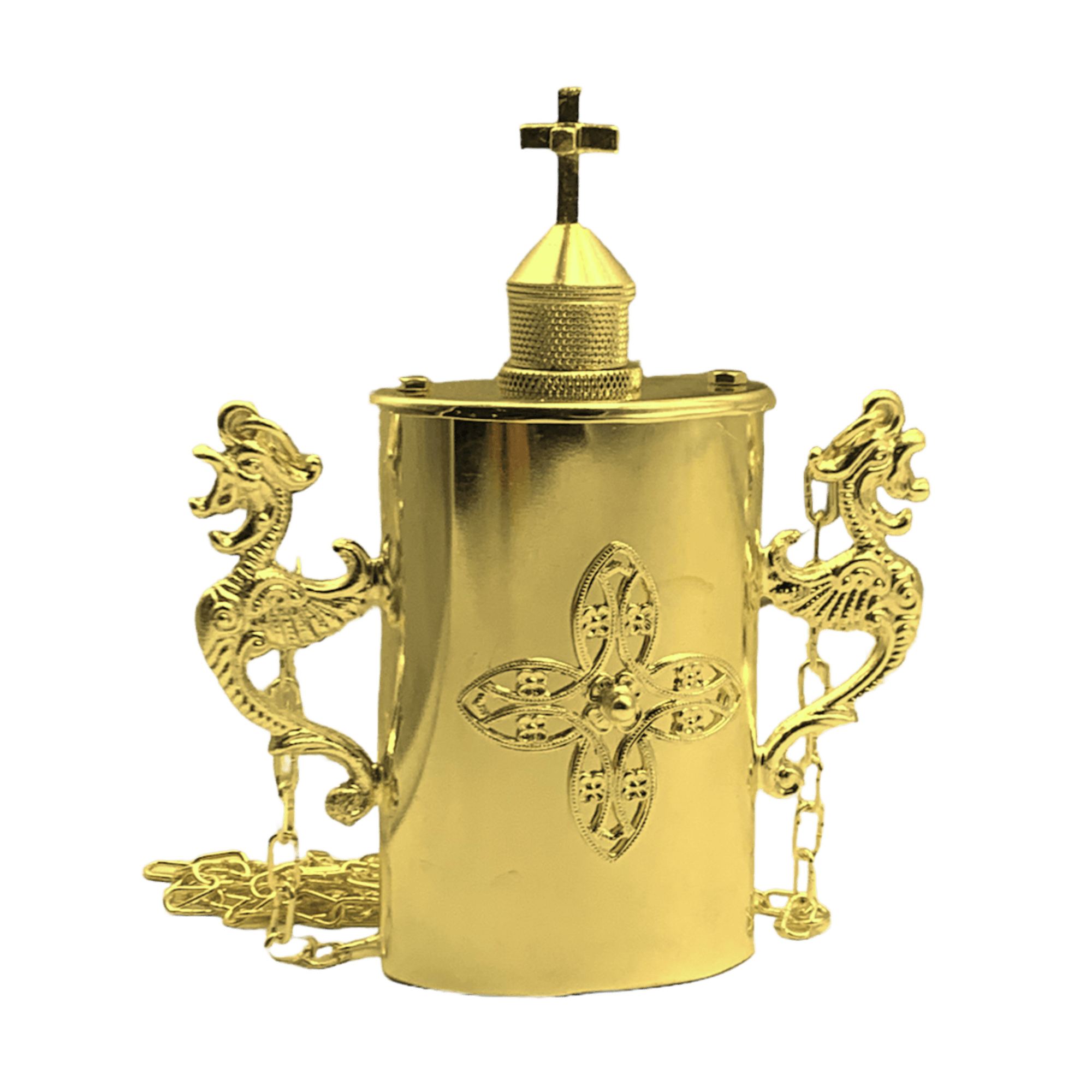 Χρυσή εκκλησιαστική λαμπάδα με διακοσμητικά δράκους και σταυρό, ιδανική για θρησκευτικές τελετές και δώρα στην εκκλησία.