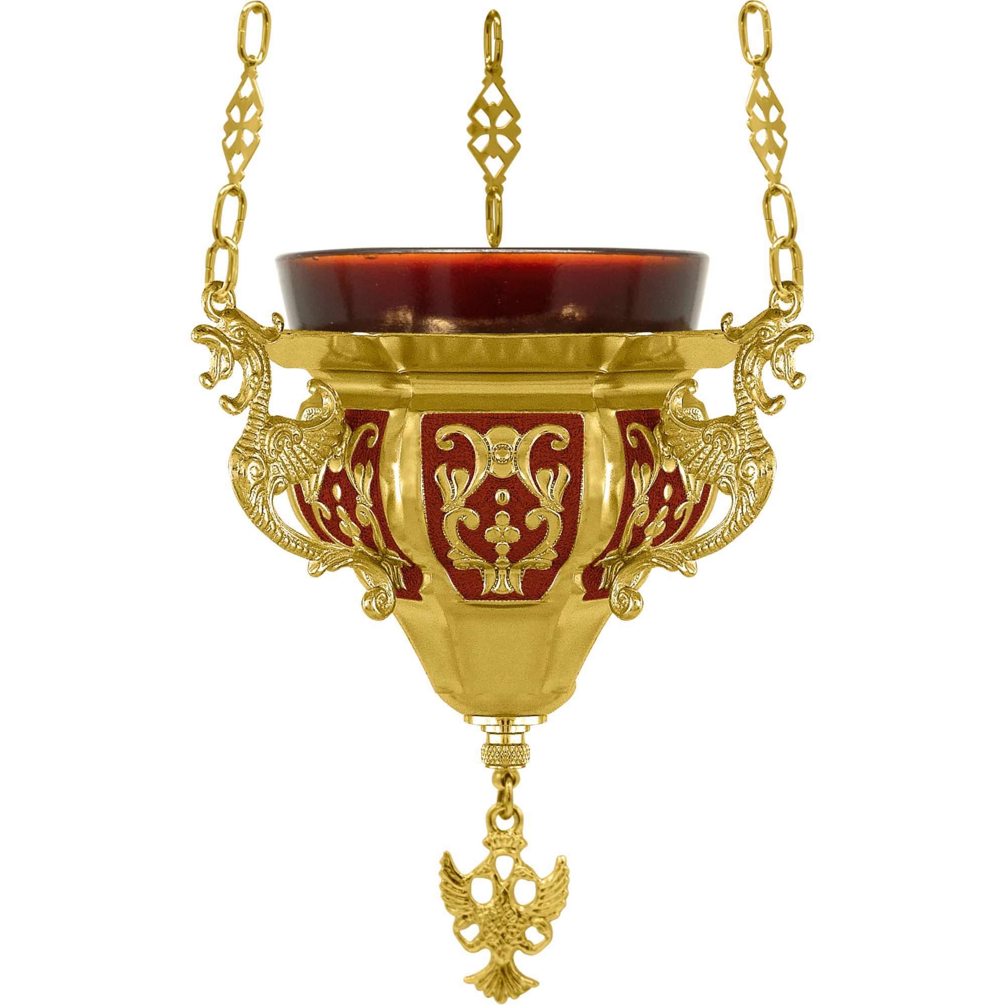 Χρυσό και κόκκινο εκκλησιαστικό καντήλι με λεπτομέρειες, ιδανικό για θρησκευτικές τελετές και λειτουργίες.