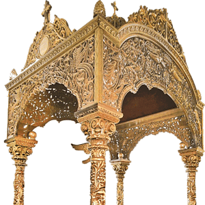 Elegant ecclesiastical ciborium with intricate gold detailing, designed for church altar use. Perfect for Orthodox Christian liturgical ceremonies, combining tradition and craftsmanship.
