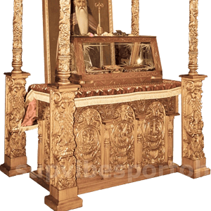 Ornate wooden altar tabernacle for church services and religious ceremonies.