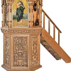 Ancient wooden reliquary box with religious icons and intricate carvings, used for storing holy relics in Orthodox Christian tradition.